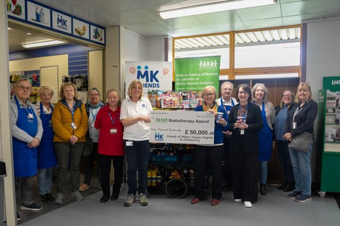 MK Friends with Clare Hill, Chair of MK Friends and Alison Davis, Chair of MKUH, holding the cheque.