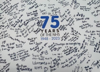 A page of signatures wishing the NHS a happy 75th birthday!
