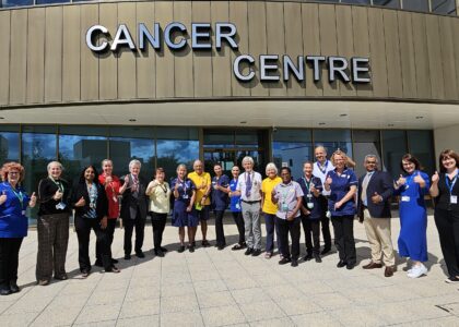 Representatives from the Lions Clubs of Milton Keynes Central, Stony Stratford, Bletchley and Newport Pagnell and Olney and Milton Keynes Hospital Charity with cancer centre staff and Head of Cancer Services Sally Burnie.