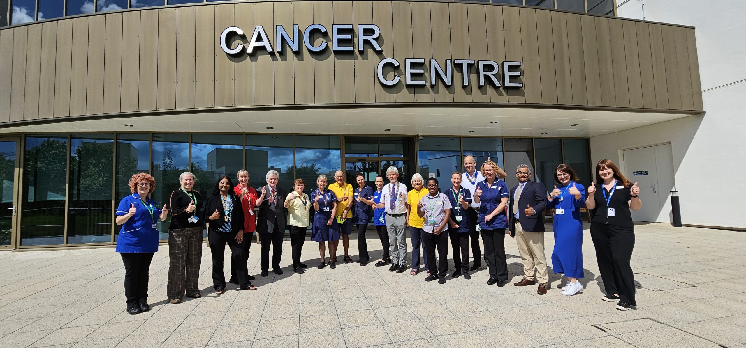 Representatives from the Lions Clubs of Milton Keynes Central, Stony Stratford, Bletchley and Newport Pagnell and Olney and Milton Keynes Hospital Charity with cancer centre staff and Head of Cancer Services Sally Burnie.