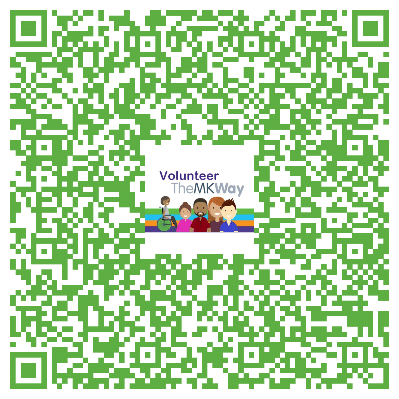 A green QR code with the words Volunteer the MK Way in the centre